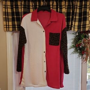 Pink and White Button-Up Shirt with Leopard Print Sleeves